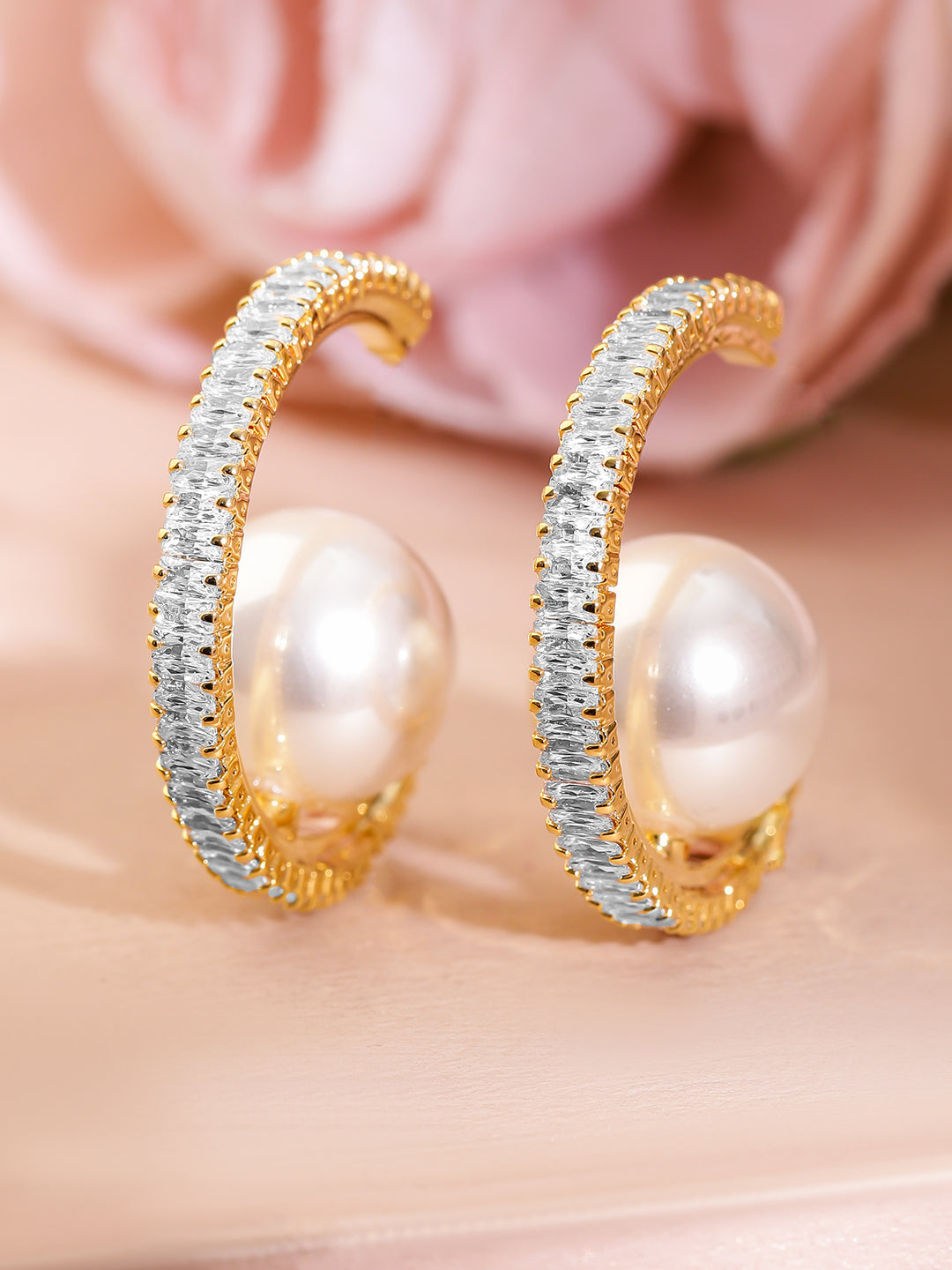 Adorned Pearl & American Diamond Zirconia Golden Hoops Gold