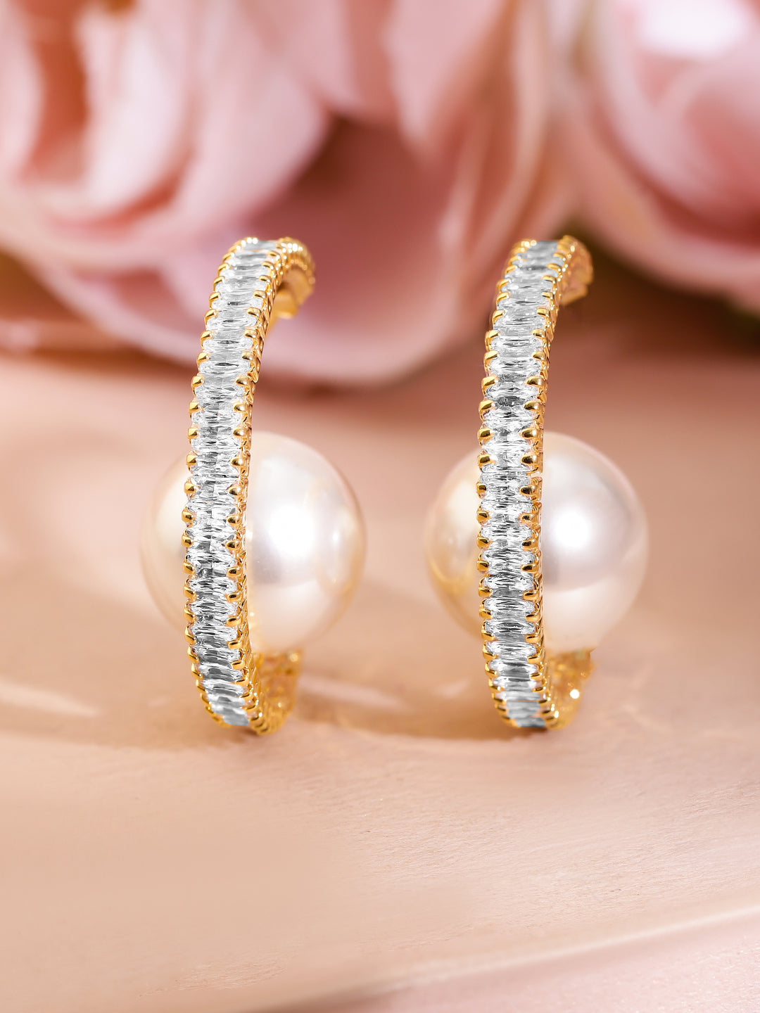 Adorned Pearl & American Diamond Zirconia Golden Hoops Gold