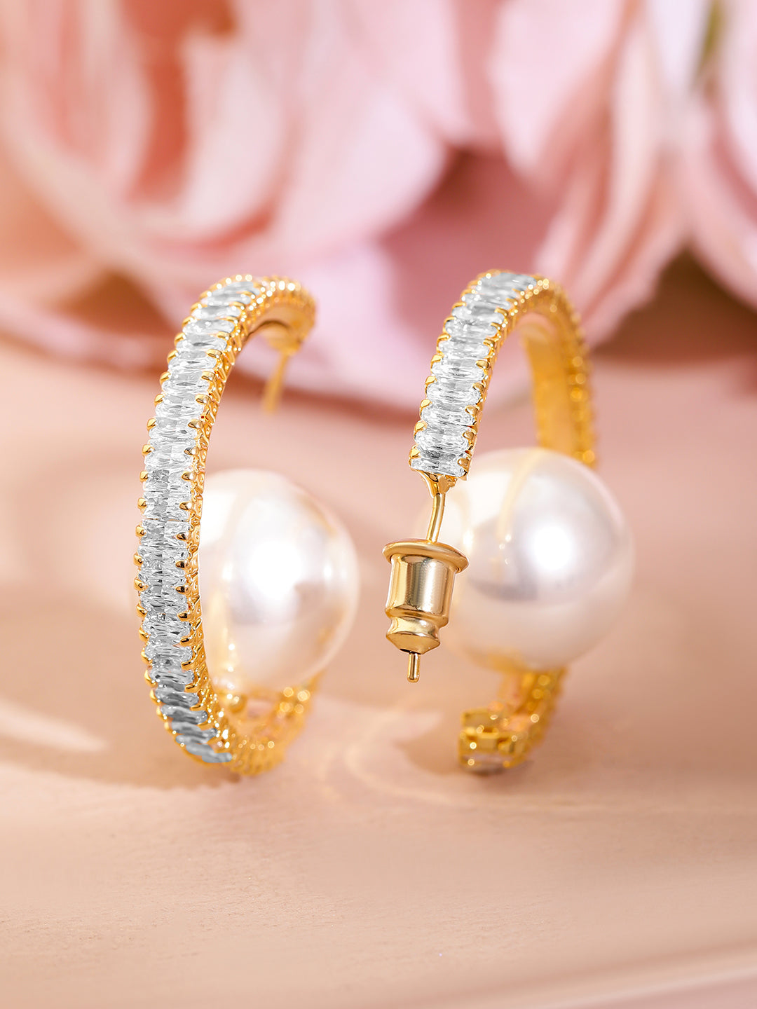Adorned Pearl & American Diamond Zirconia Golden Hoops Gold