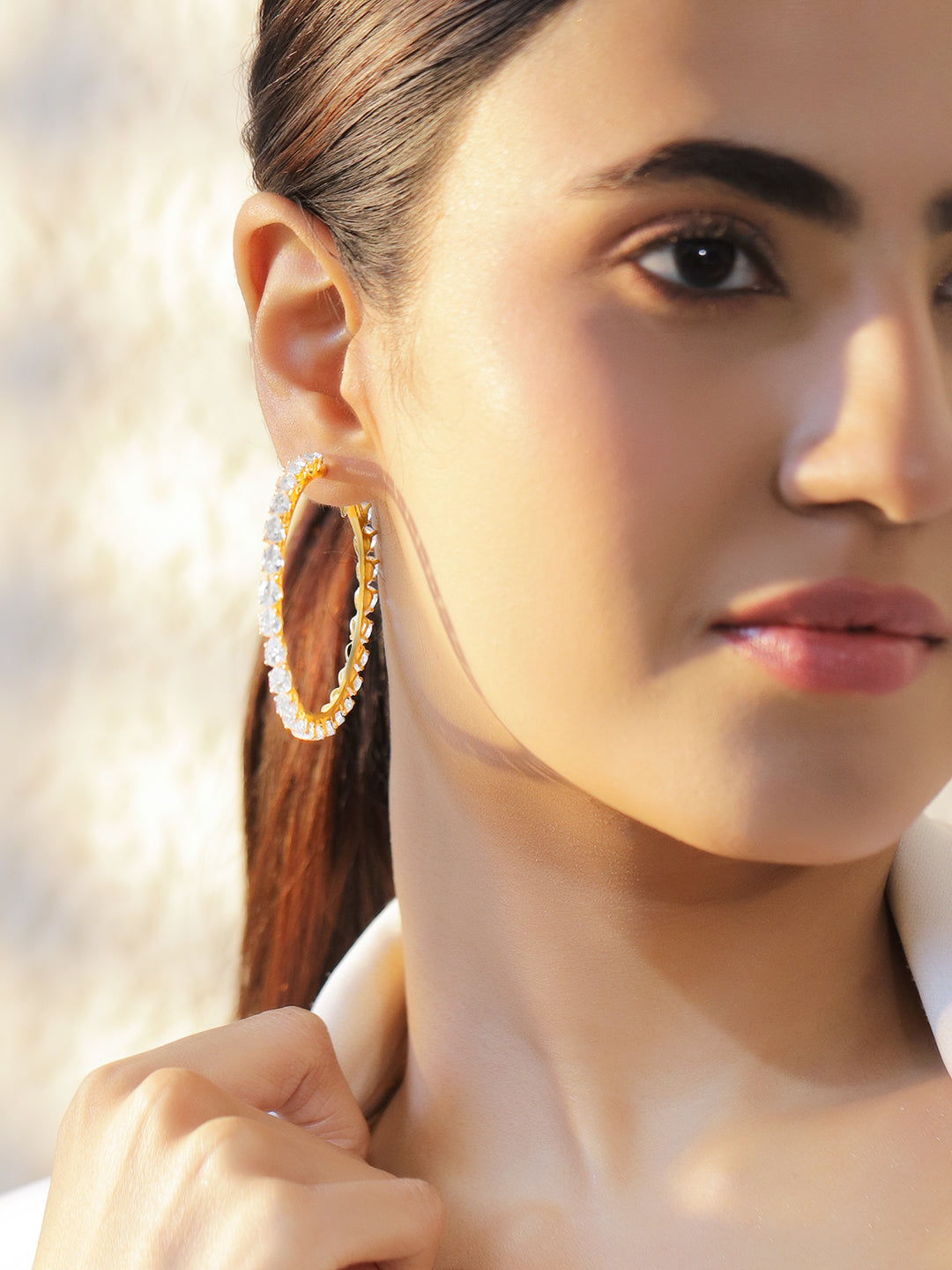 Gold Toned Hoop Earrings With Crystal Work Gold & White