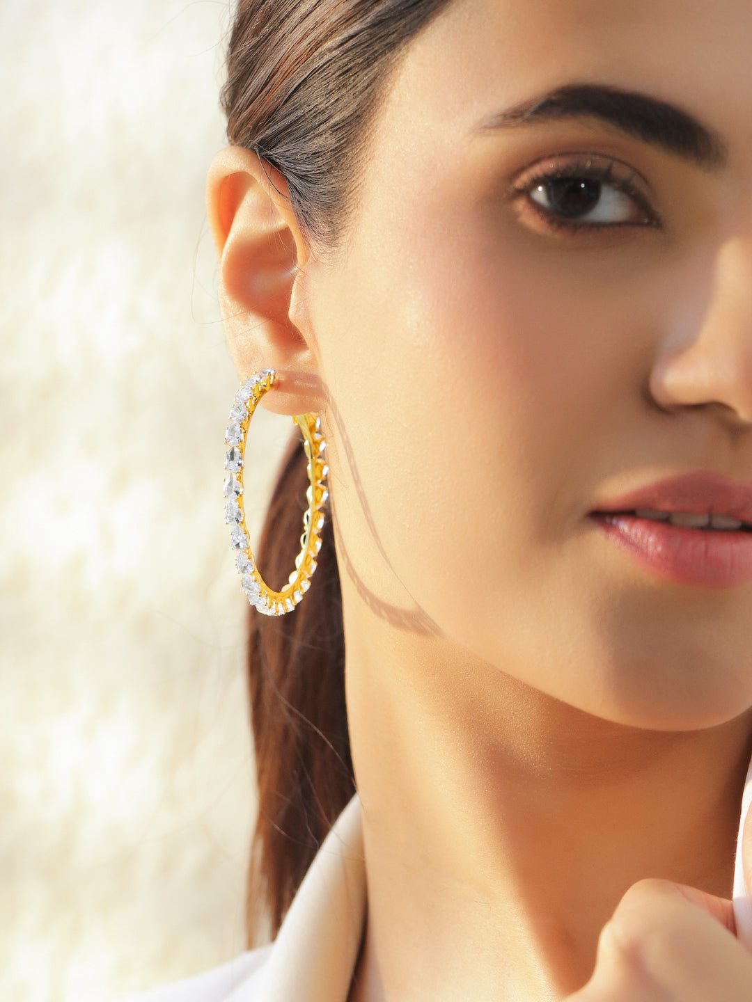 Gold Toned Hoop Earrings With Crystal Work Gold & White