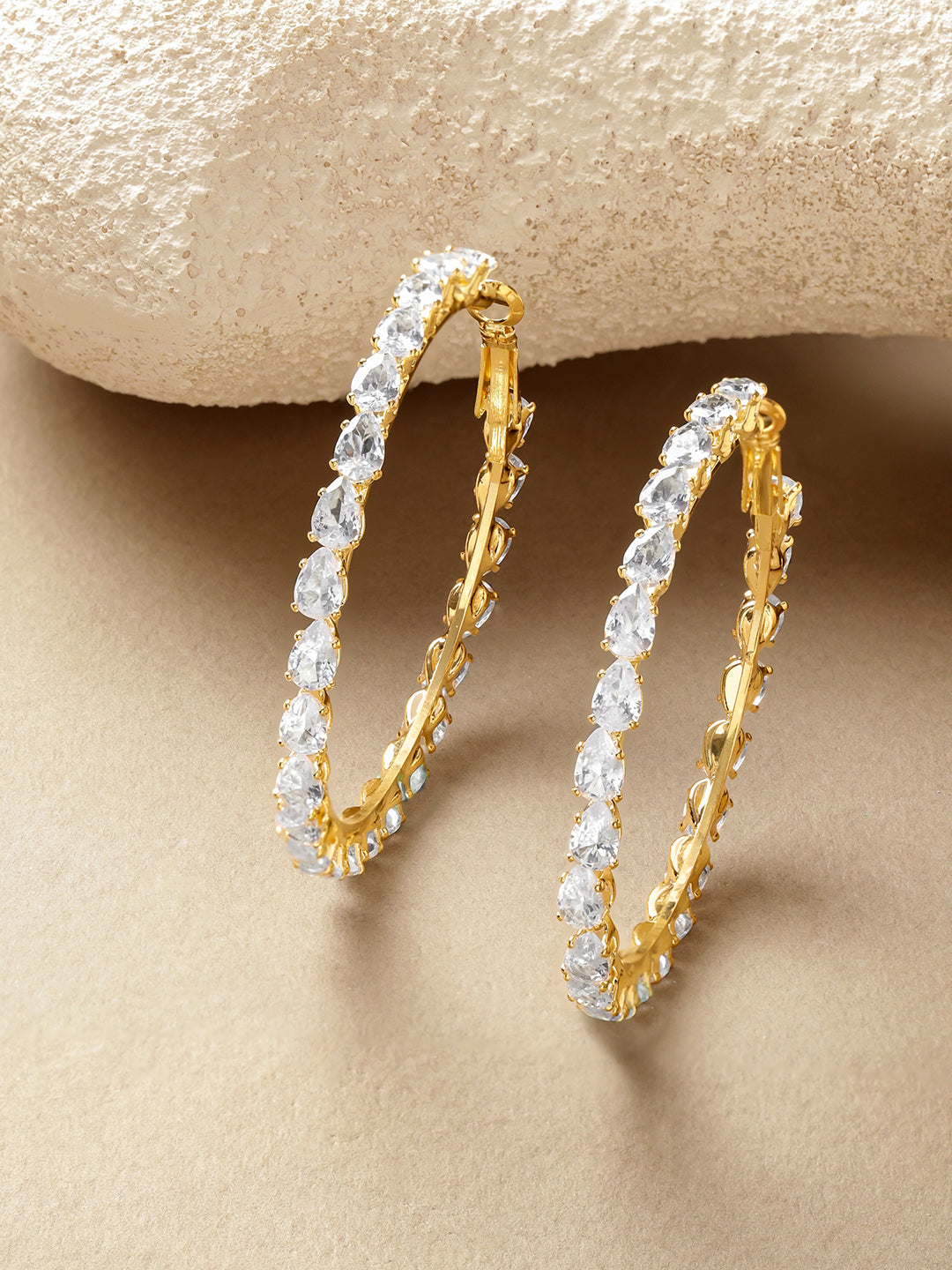 Gold Toned Hoop Earrings With Crystal Work Gold & White