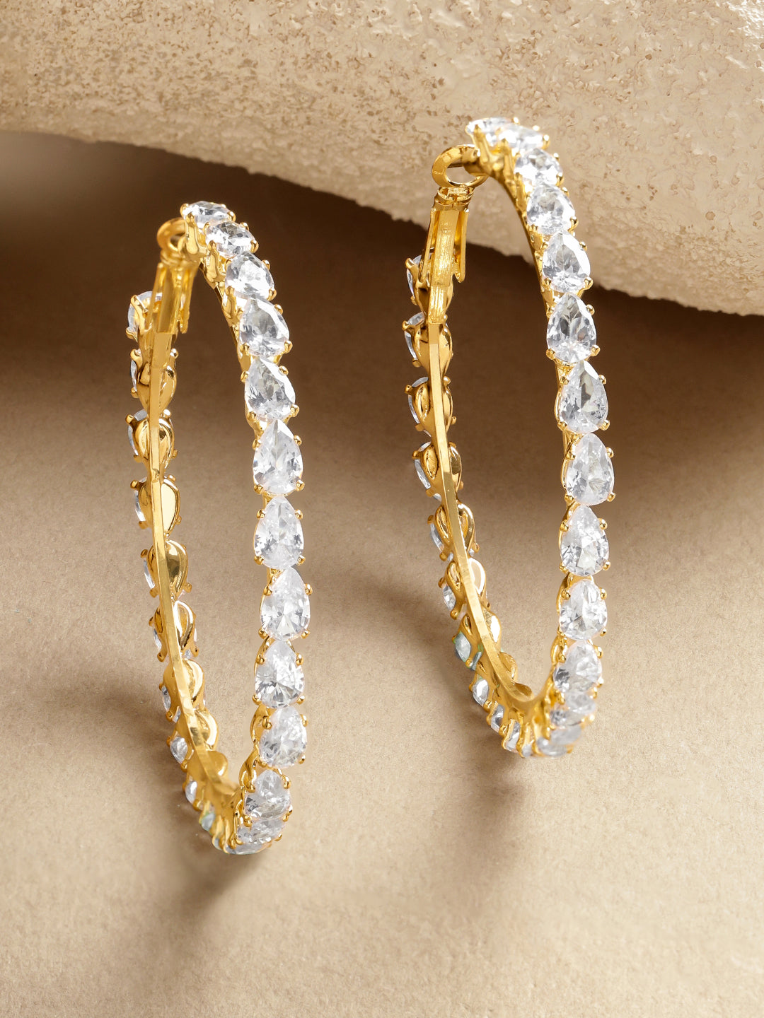 Gold Toned Hoop Earrings With Crystal Work Gold & White