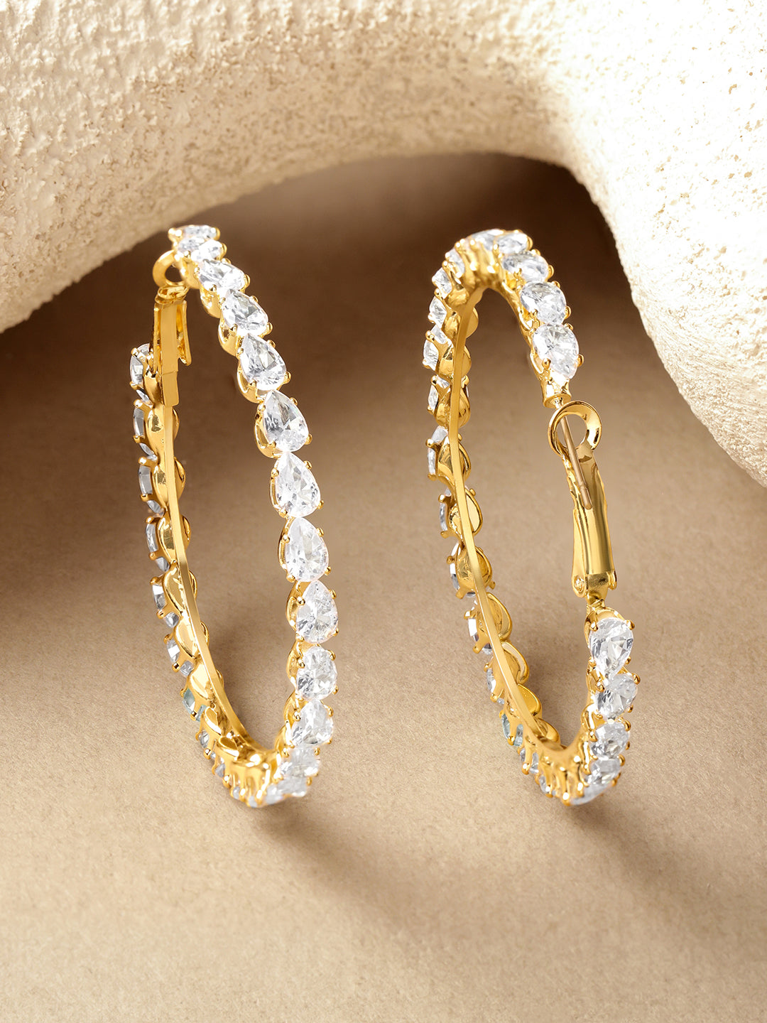 Gold Toned Hoop Earrings With Crystal Work Gold & White
