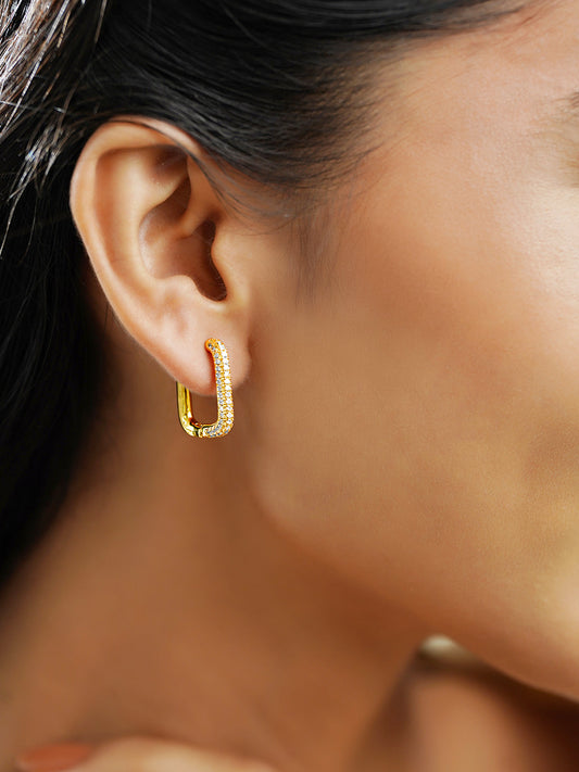 【Rubans】 Voguish 18K Gold-Plated Crystal AD Rectangular Minimal Hoop Earrings｜18K ゴールドメッキ クリスタルAD レクタングル ミニマル フープイヤリング