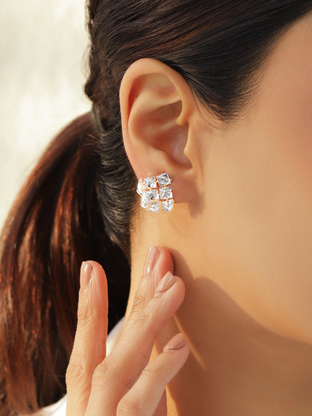 【Rubans】 Geometric Square Crystal Studs｜ジオメトリック スクエア クリスタル クラスター スタッドイヤリング