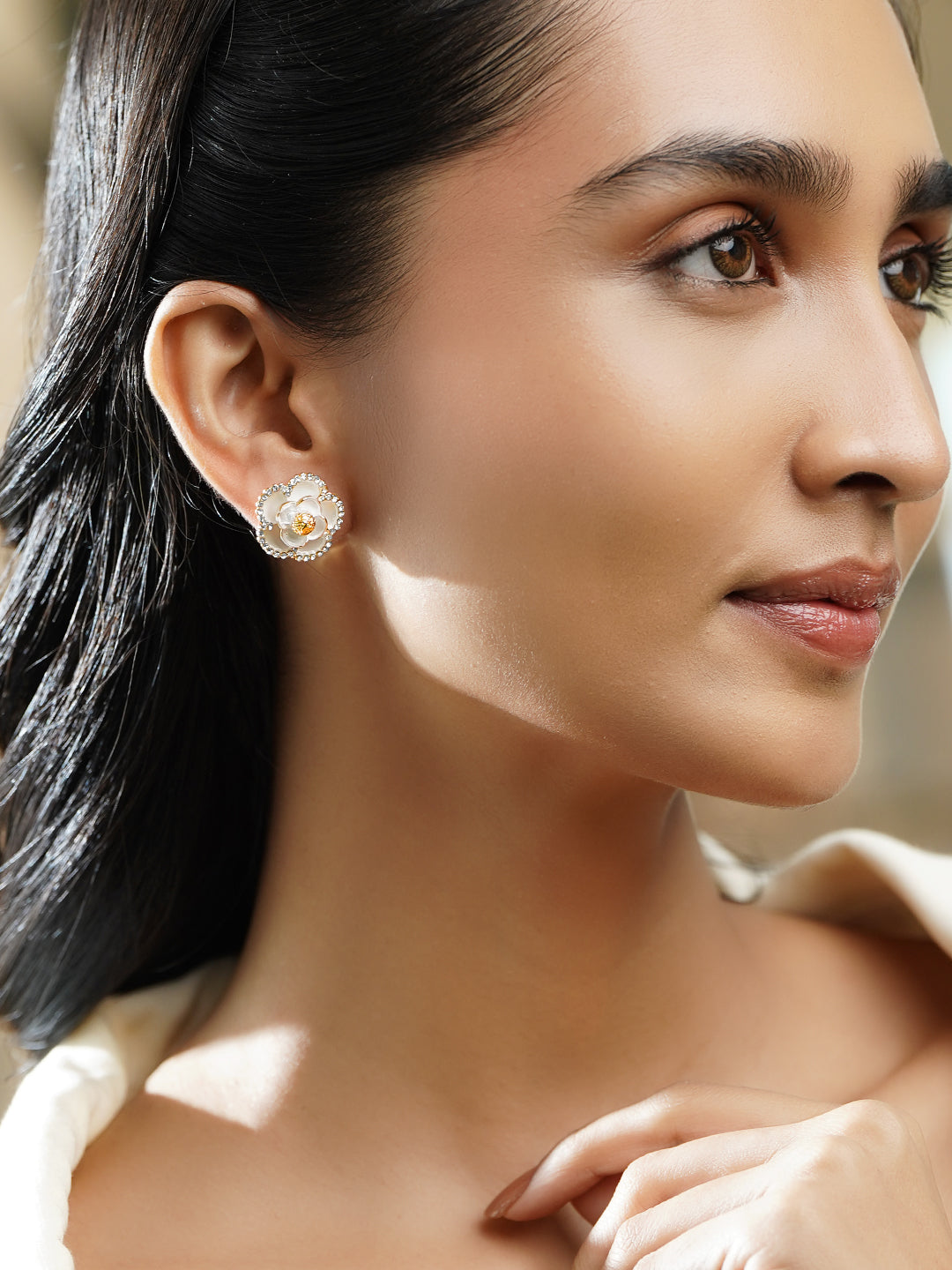 Rubans Voguish 18K Gold-Plated Enamel Floral Design Crystal Stud Earrings フリーサイズ