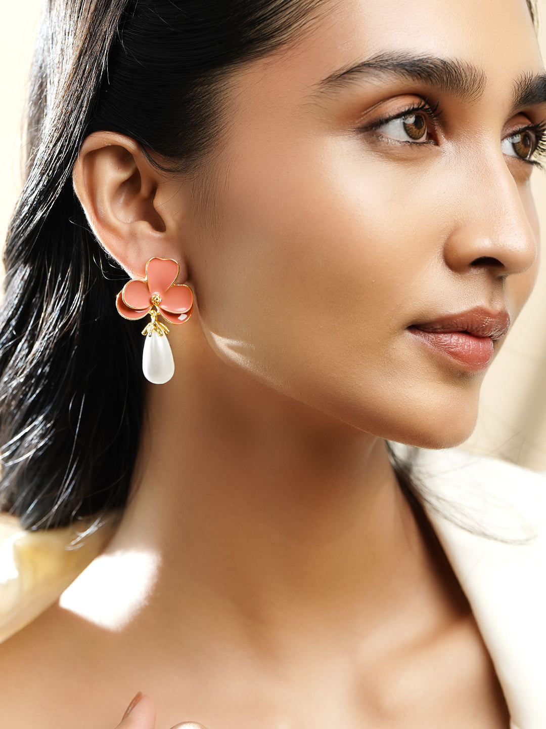 Pink Floral Pearl Drop Earrings フリーサイズ