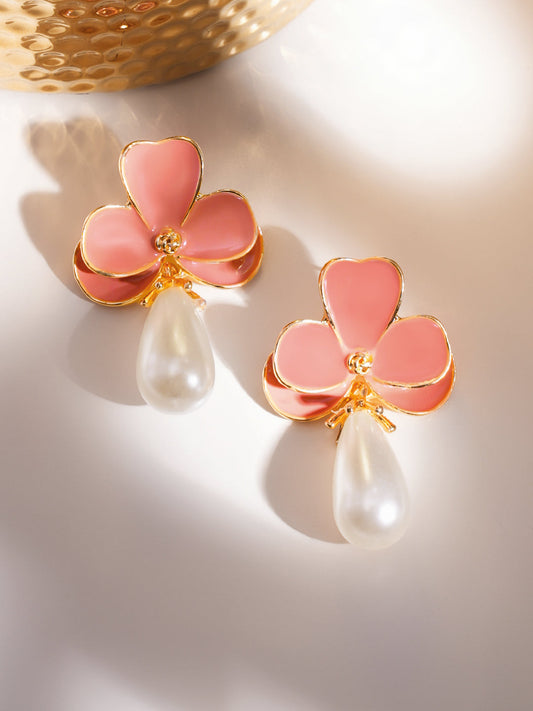 Pink Floral Pearl Drop Earrings フリーサイズ