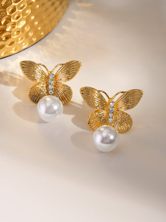 Butterfly Motif Pearl Drop Earrings フリーサイズ
