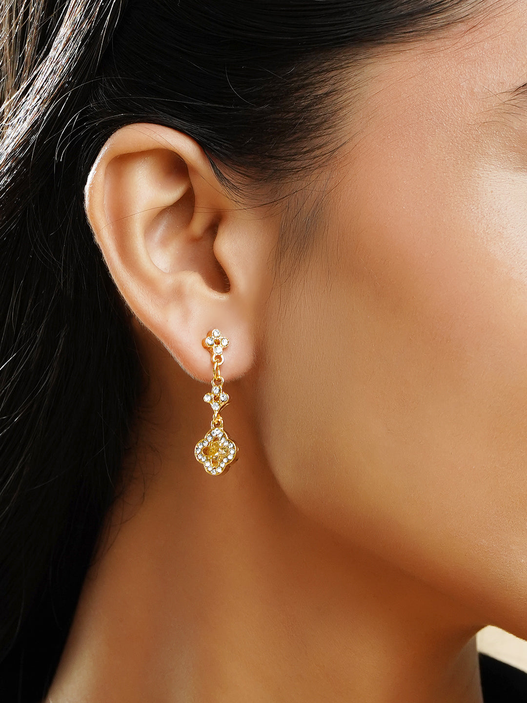 Rubans Voguish 18K Gold-Plated Yellow AD & White Crystal Floral Dangler Earrings フリーサイズ