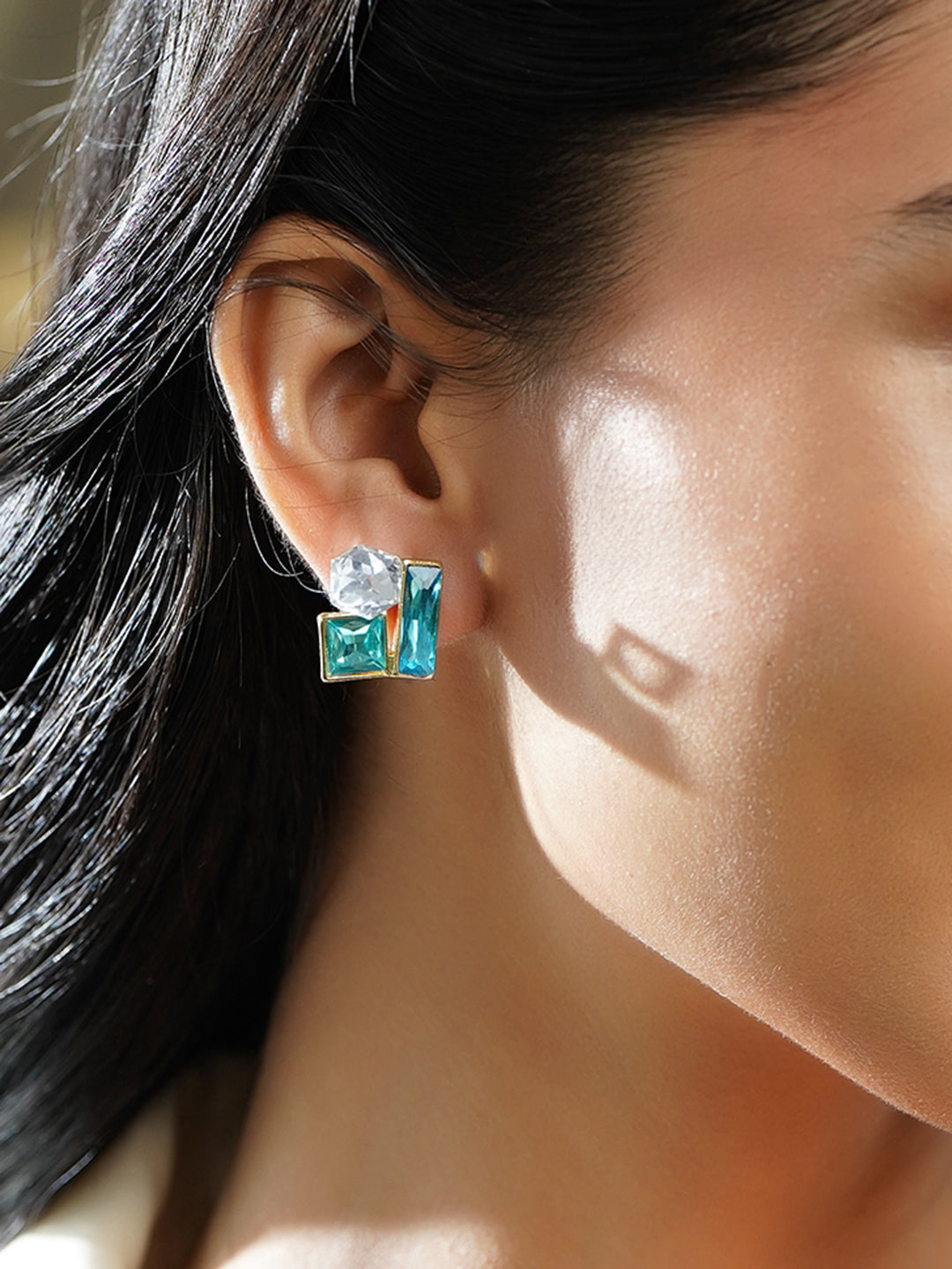 Rubans Voguish 18K Gold-Plated Geometric Blue & Crystal Cluster Stud Earrings フリーサイズ