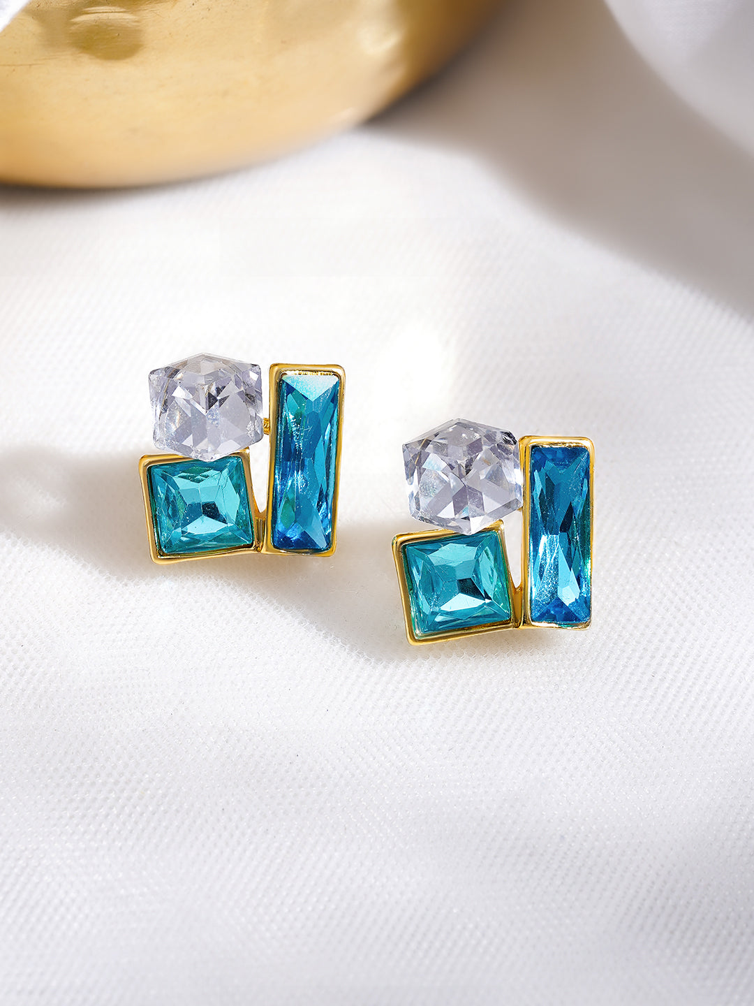 Rubans Voguish 18K Gold-Plated Geometric Blue & Crystal Cluster Stud Earrings フリーサイズ