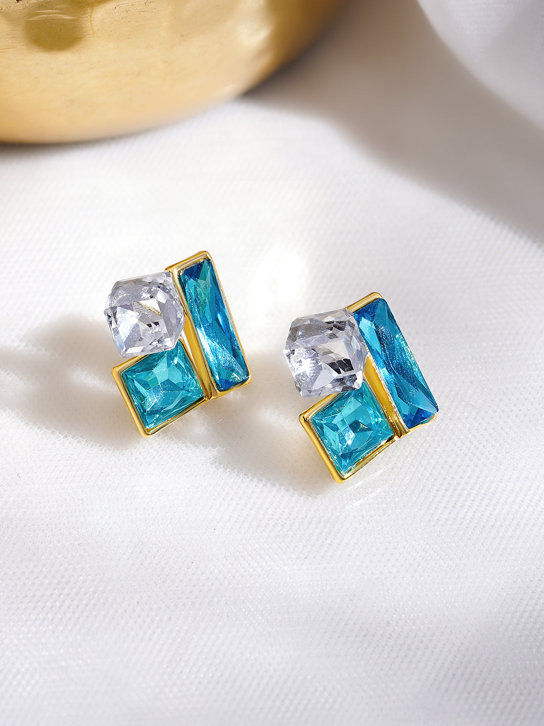 Rubans Voguish 18K Gold-Plated Geometric Blue & Crystal Cluster Stud Earrings フリーサイズ