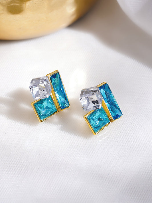 Rubans Voguish 18K Gold-Plated Geometric Blue & Crystal Cluster Stud Earrings フリーサイズ