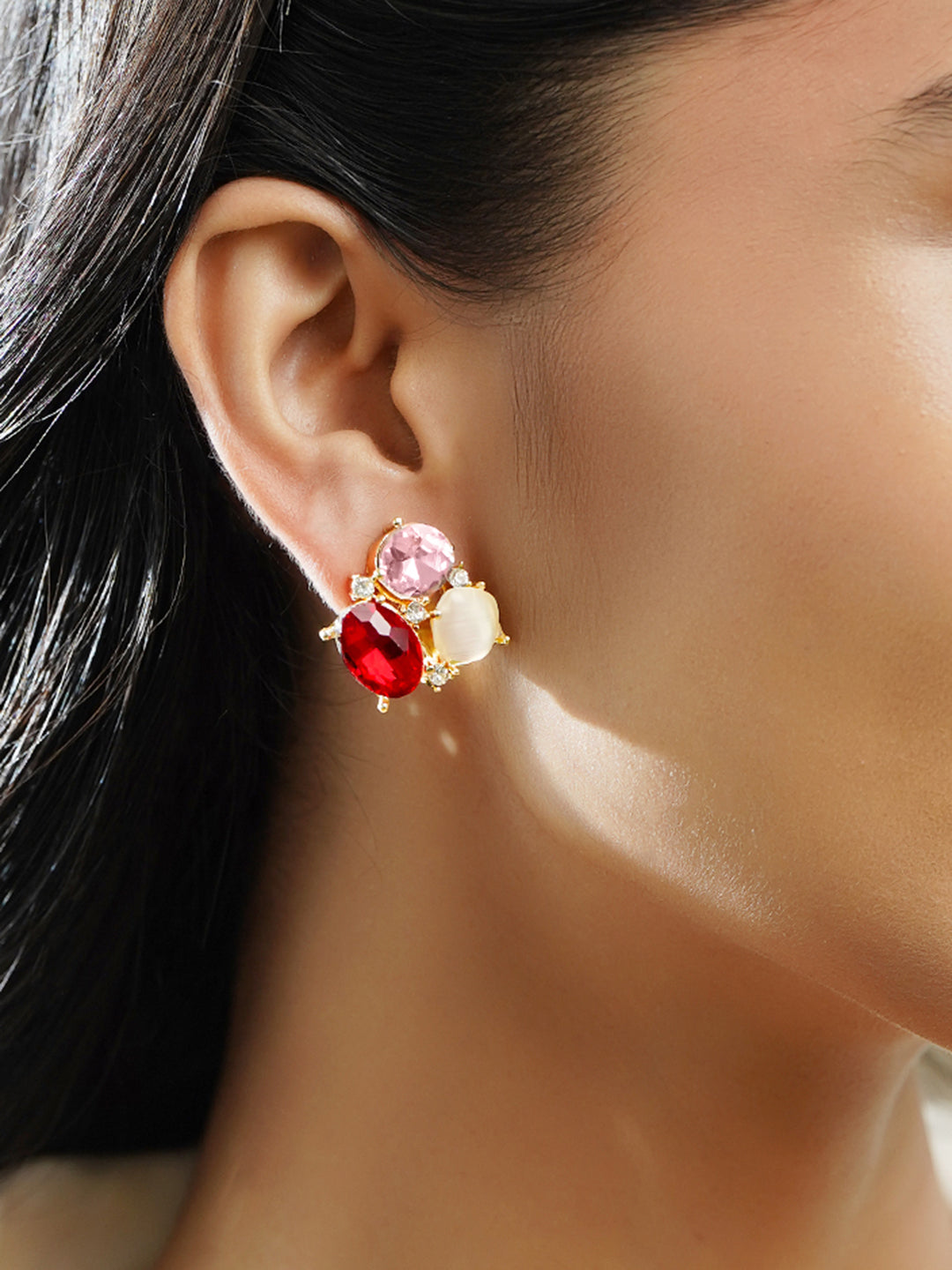 Rubans Voguish 18K Gold-Plated Red & Pink Crystal Cluster Statement Stud Earrings フリーサイズ