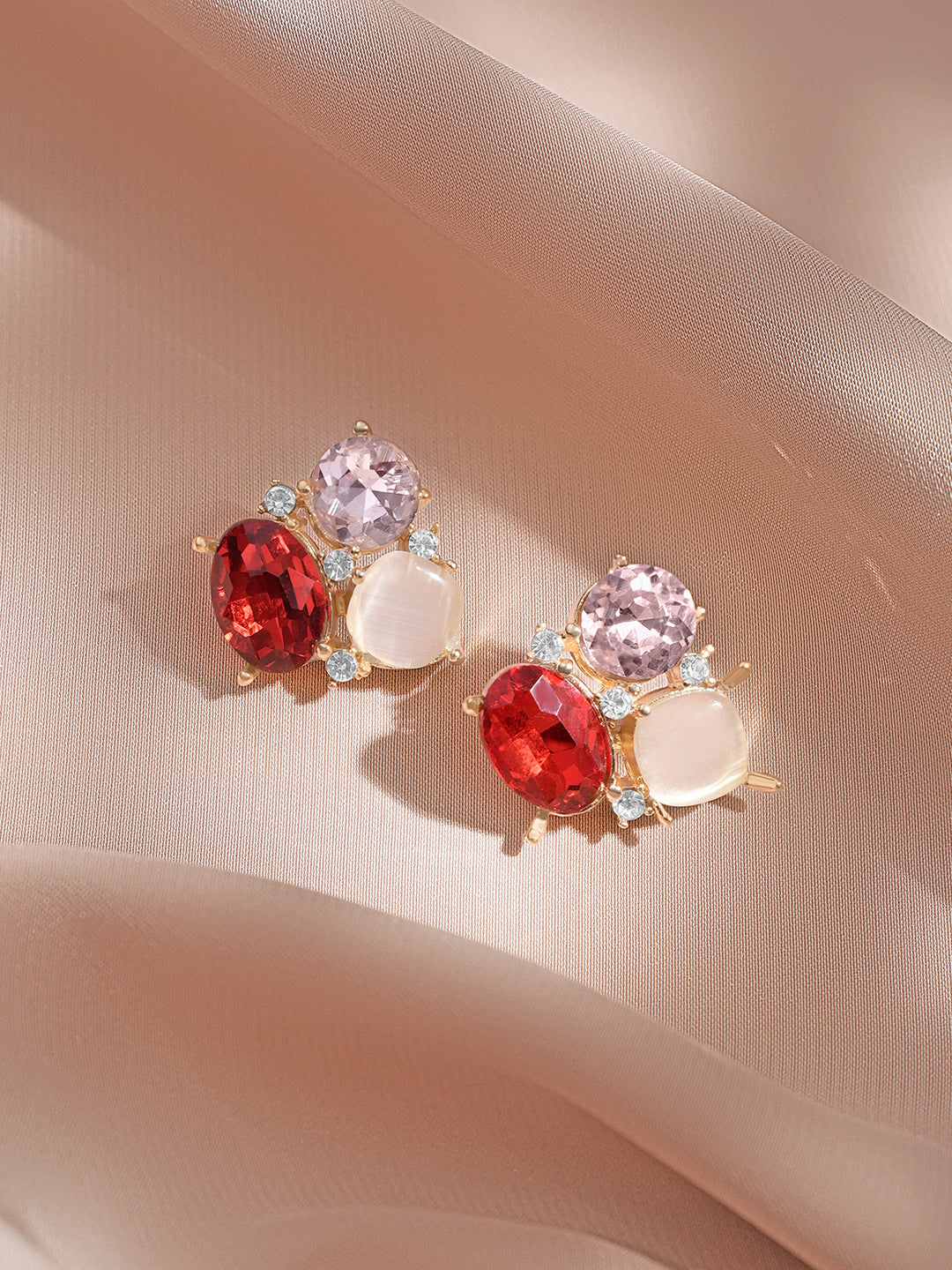 Rubans Voguish 18K Gold-Plated Red & Pink Crystal Cluster Statement Stud Earrings フリーサイズ