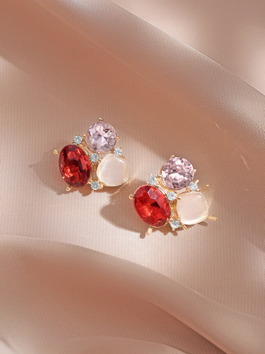 Rubans Voguish 18K Gold-Plated Red & Pink Crystal Cluster Statement Stud Earrings フリーサイズ