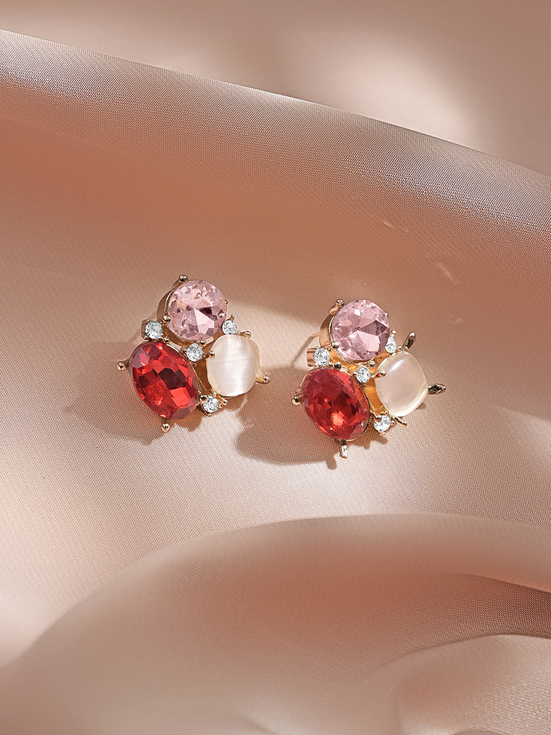 Rubans Voguish 18K Gold-Plated Red & Pink Crystal Cluster Statement Stud Earrings フリーサイズ