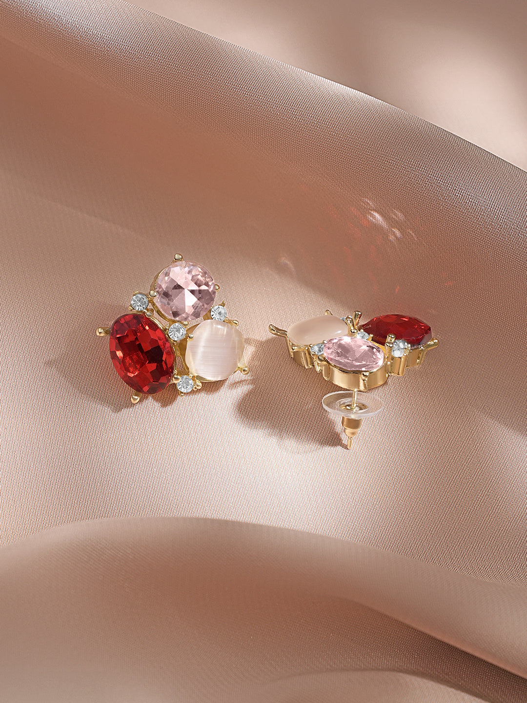 Rubans Voguish 18K Gold-Plated Red & Pink Crystal Cluster Statement Stud Earrings フリーサイズ