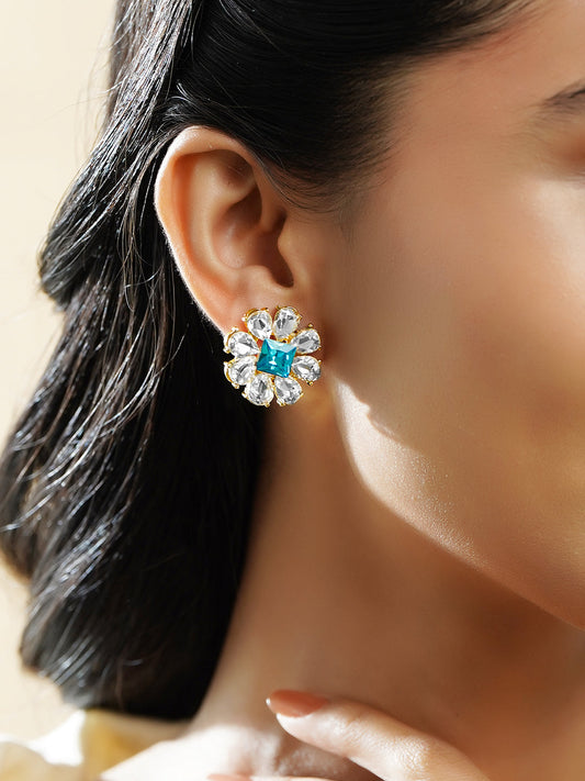 Rubans Voguish 18K Gold-Plated Blue & White Crystal AD Floral Stud Earrings フリーサイズ