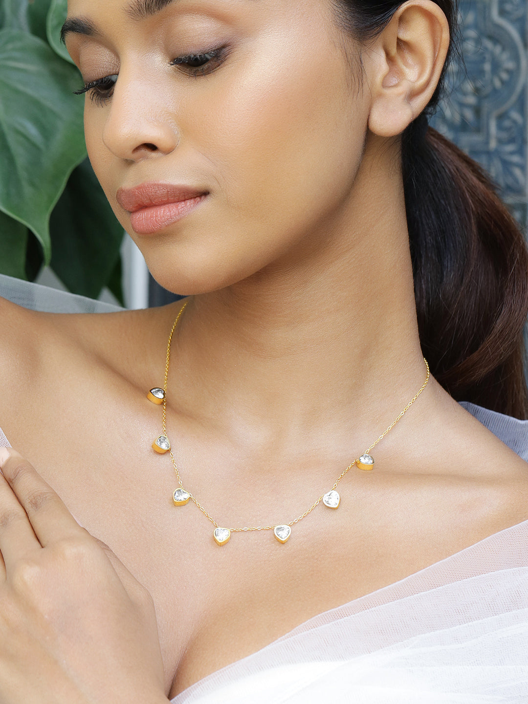 Crystal Heart Beaded Gold Necklace Gold