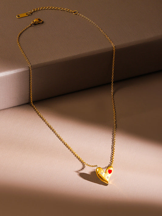 American Diamond Zirconia Cherished Heart Pendant Chain Gold
