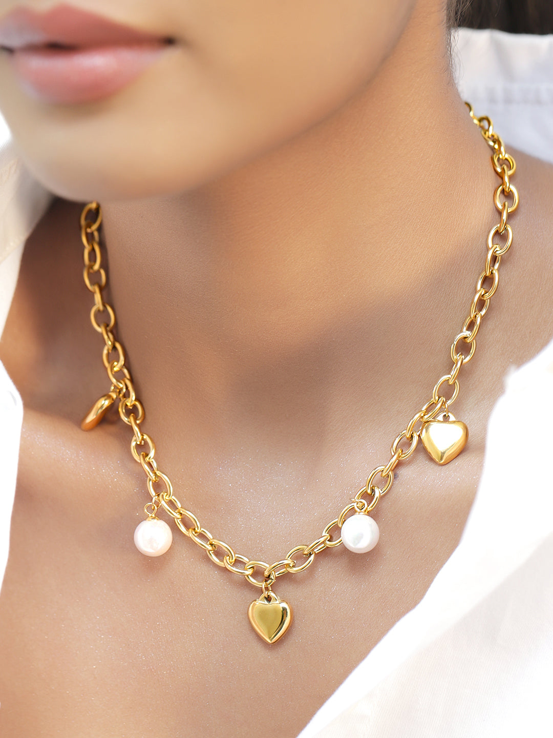 Pearl & Heart Charm Gold Toned Necklace フリーサイズ