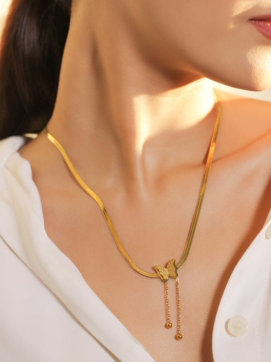 Gold Snake Chain Necklace with Butterfly Charm フリーサイズ
