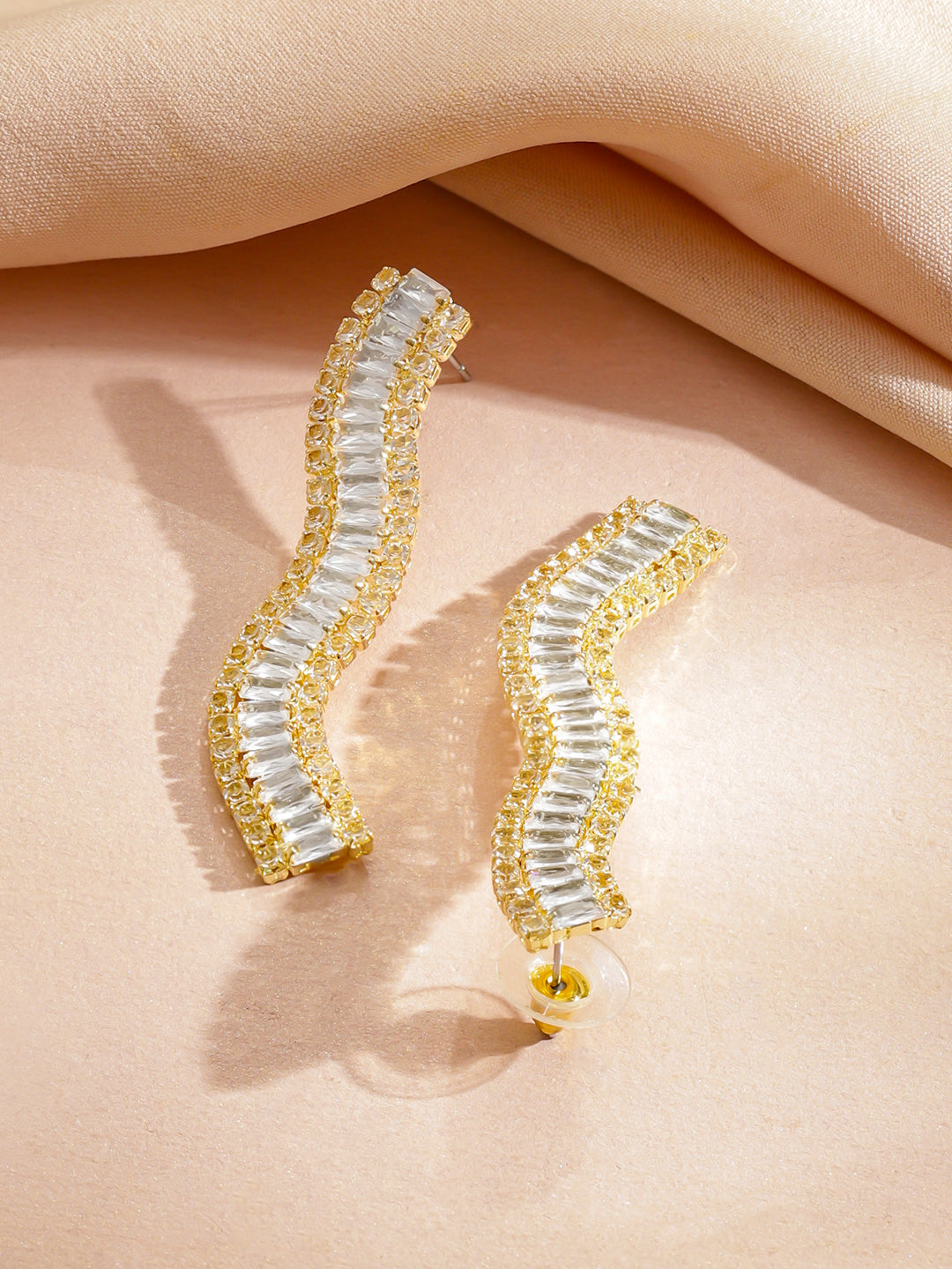 Crystal Studded Wavy Pattern Gold Necklace Set フリーサイズ
