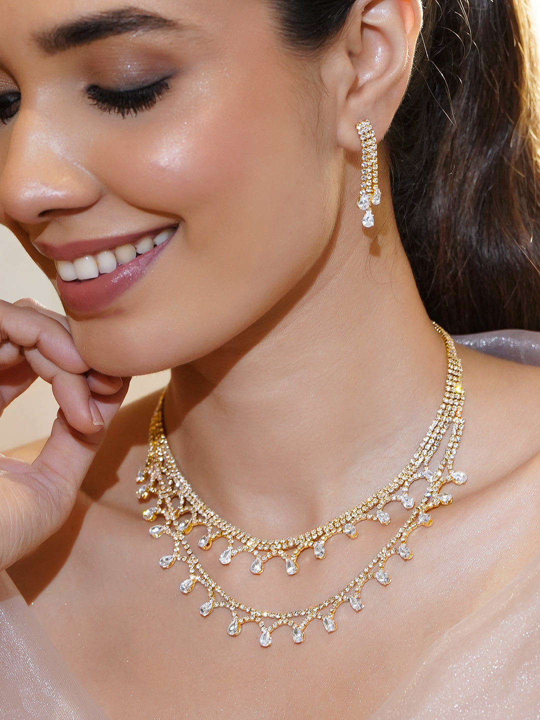 American Diamond Zirconia Gold Toned Necklace Set フリーサイズ