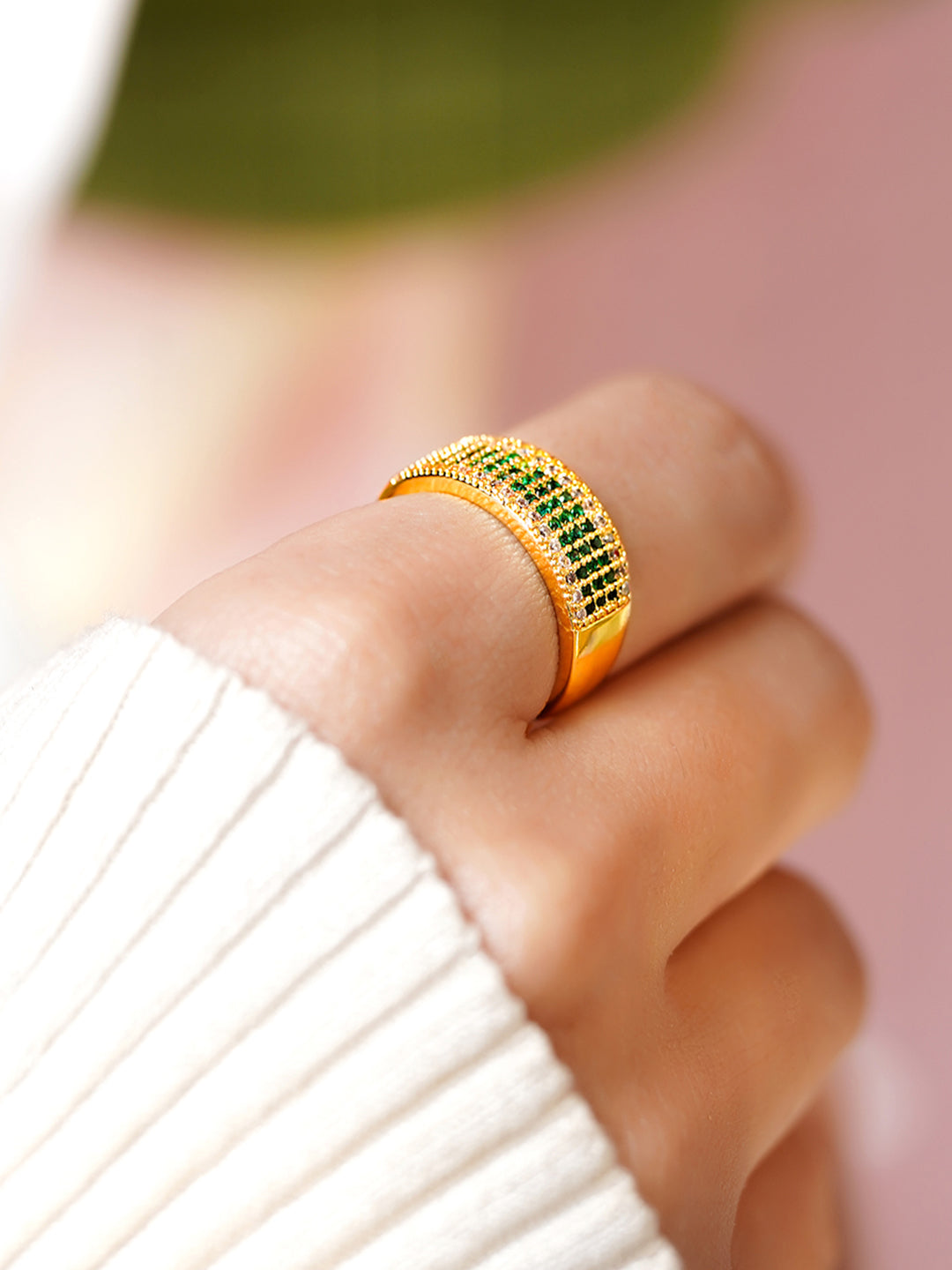 【Rubans】 Voguish 18K Gold Plated Stainless Steel Emerald Green CZ Adjustable Ring｜ヴォーギッシュ 18K ゴールドメッキ ステンレス エメラルドグリーン ジルコニア リング