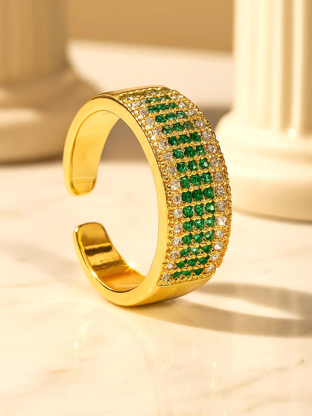 【Rubans】 Voguish 18K Gold Plated Stainless Steel Emerald Green CZ Adjustable Ring｜ヴォーギッシュ 18K ゴールドメッキ ステンレス エメラルドグリーン ジルコニア リング