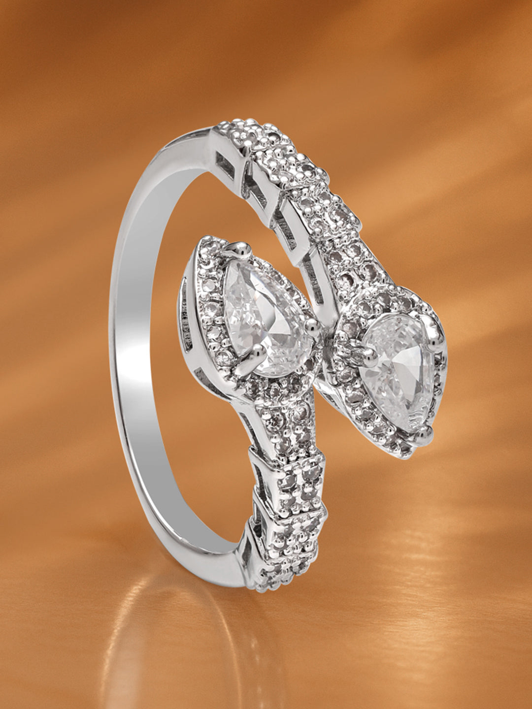 【Rubans】 Silver Tone American Diamond Zirconia Ring｜シルバートーン ツインペア キュービックジルコニア アジャスタブルリング