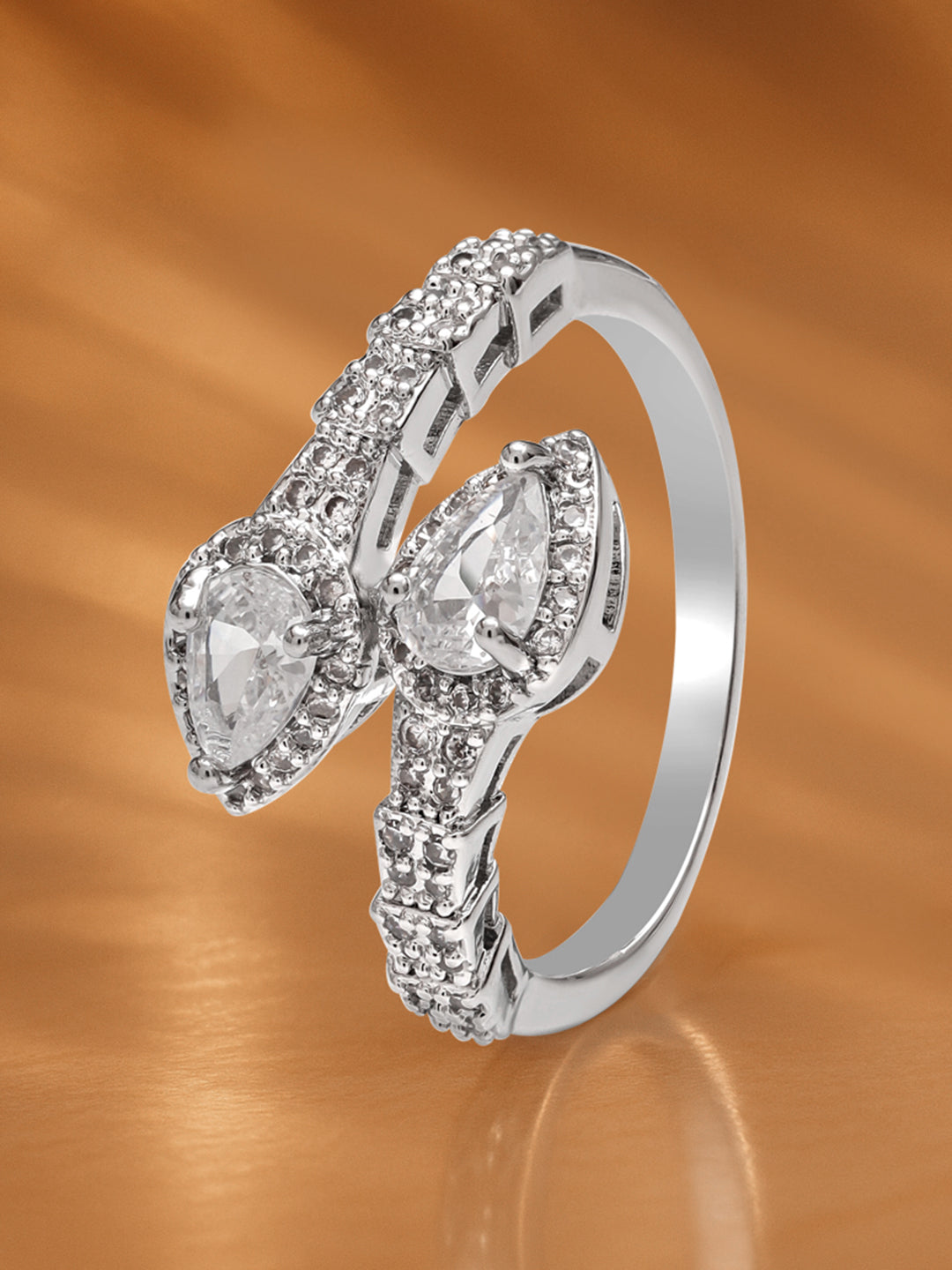 【Rubans】 Silver Tone American Diamond Zirconia Ring｜シルバートーン ツインペア キュービックジルコニア アジャスタブルリング