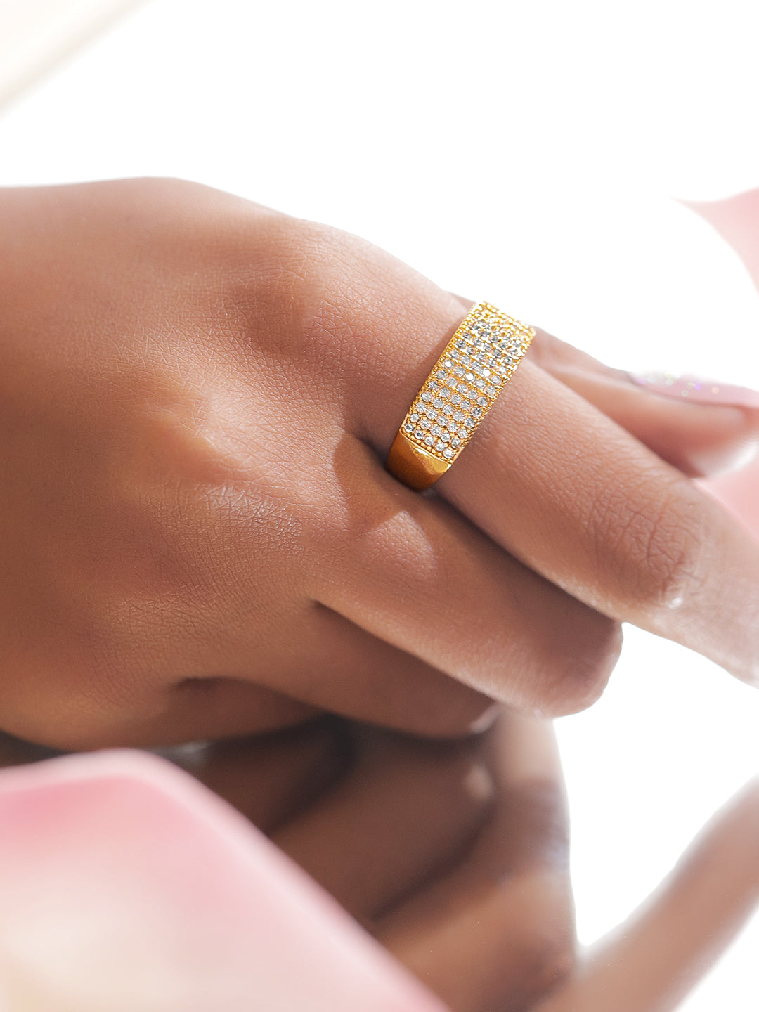 【Rubans】 Voguish 18K Gold Plated Stainless Steel Pave Set Wide Band Adjustable Ring｜ヴォーギッシュ 18K ゴールドメッキ ステンレス パヴェ ワイドバンド リング