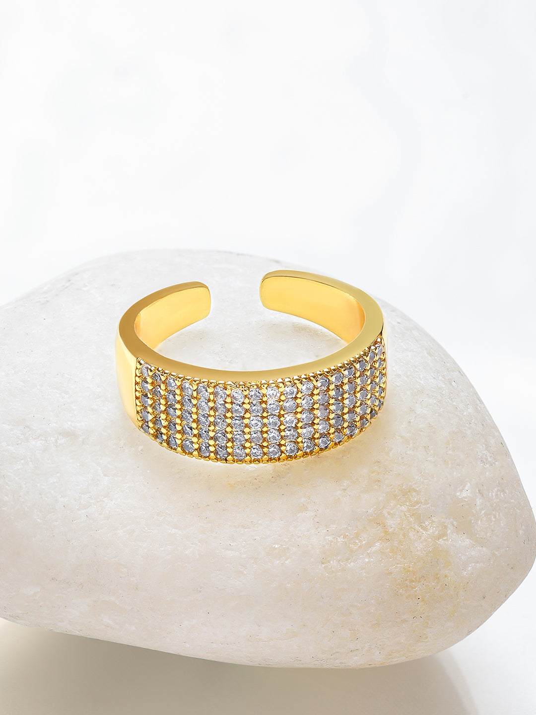 【Rubans】 Voguish 18K Gold Plated Stainless Steel Pave Set Wide Band Adjustable Ring｜ヴォーギッシュ 18K ゴールドメッキ ステンレス パヴェ ワイドバンド リング