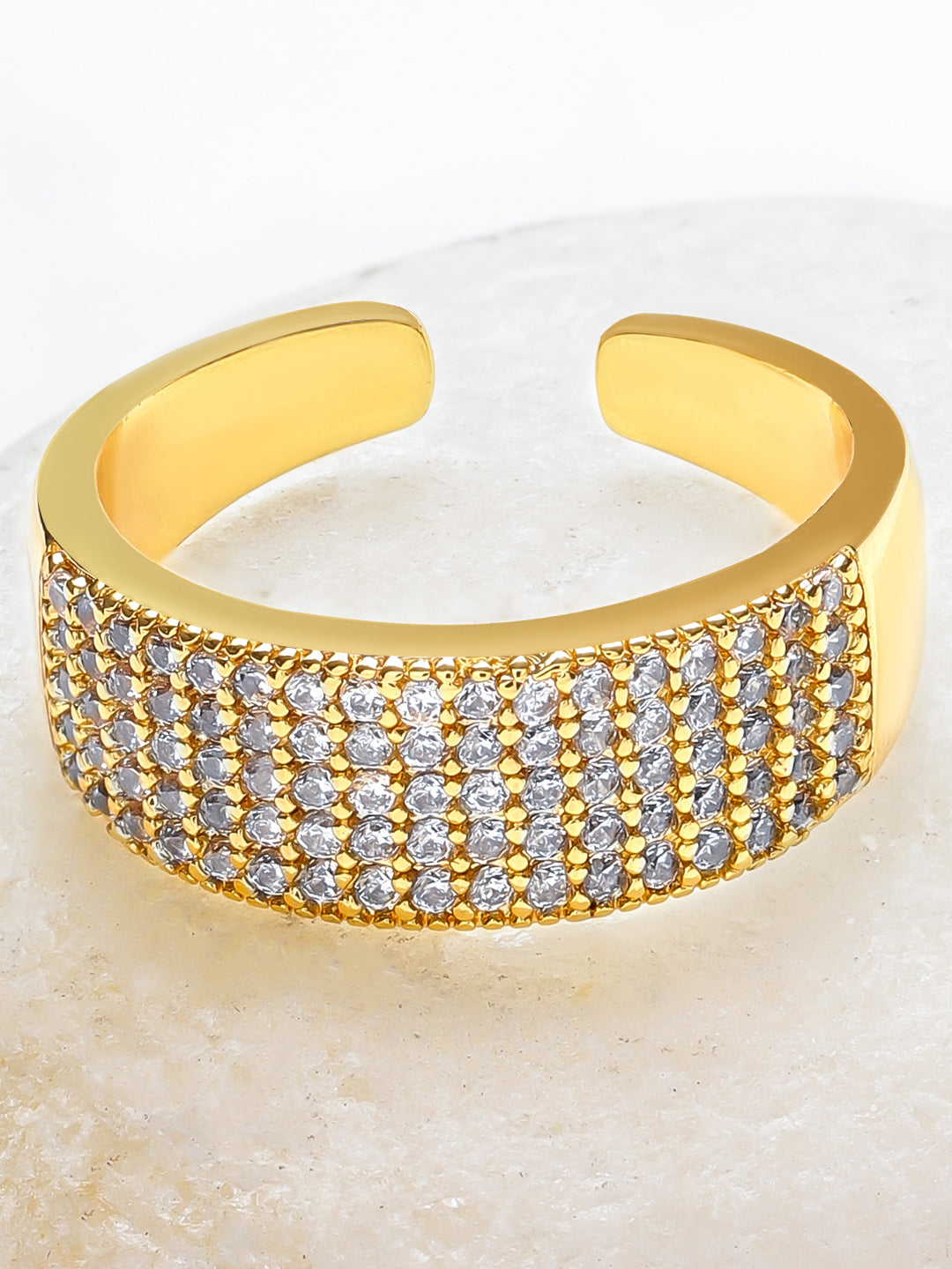 【Rubans】 Voguish 18K Gold Plated Stainless Steel Pave Set Wide Band Adjustable Ring｜ヴォーギッシュ 18K ゴールドメッキ ステンレス パヴェ ワイドバンド リング