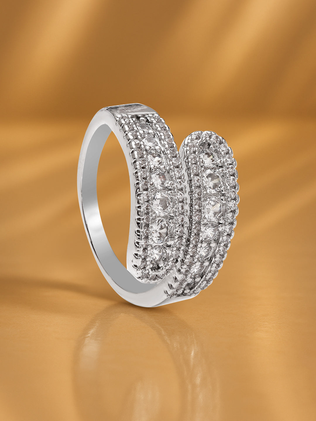 【Rubans】 Voguish Rhodium Plated Stainless Steel Dual-Band Cubic Zirconia Adjustable Ring｜ヴォーギッシュ ロジウムメッキ ステンレス デュアルバンド ジルコニア アジャスタブルリング