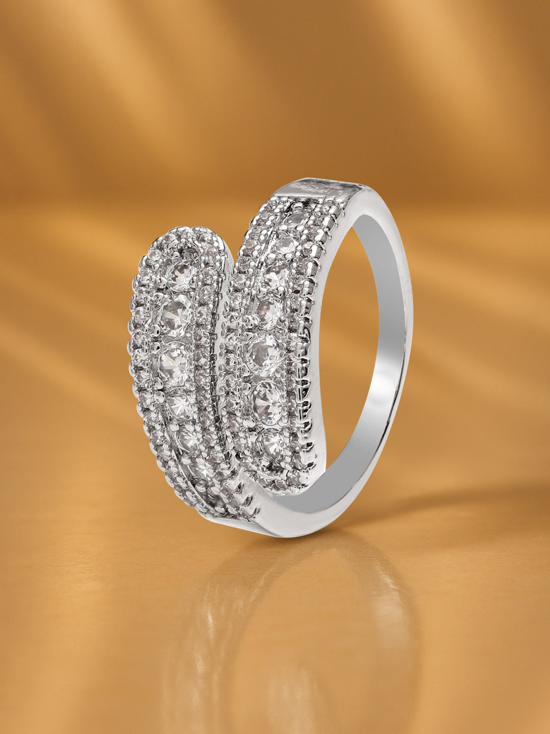 【Rubans】 Voguish Rhodium Plated Stainless Steel Dual-Band Cubic Zirconia Adjustable Ring｜ヴォーギッシュ ロジウムメッキ ステンレス デュアルバンド ジルコニア アジャスタブルリング