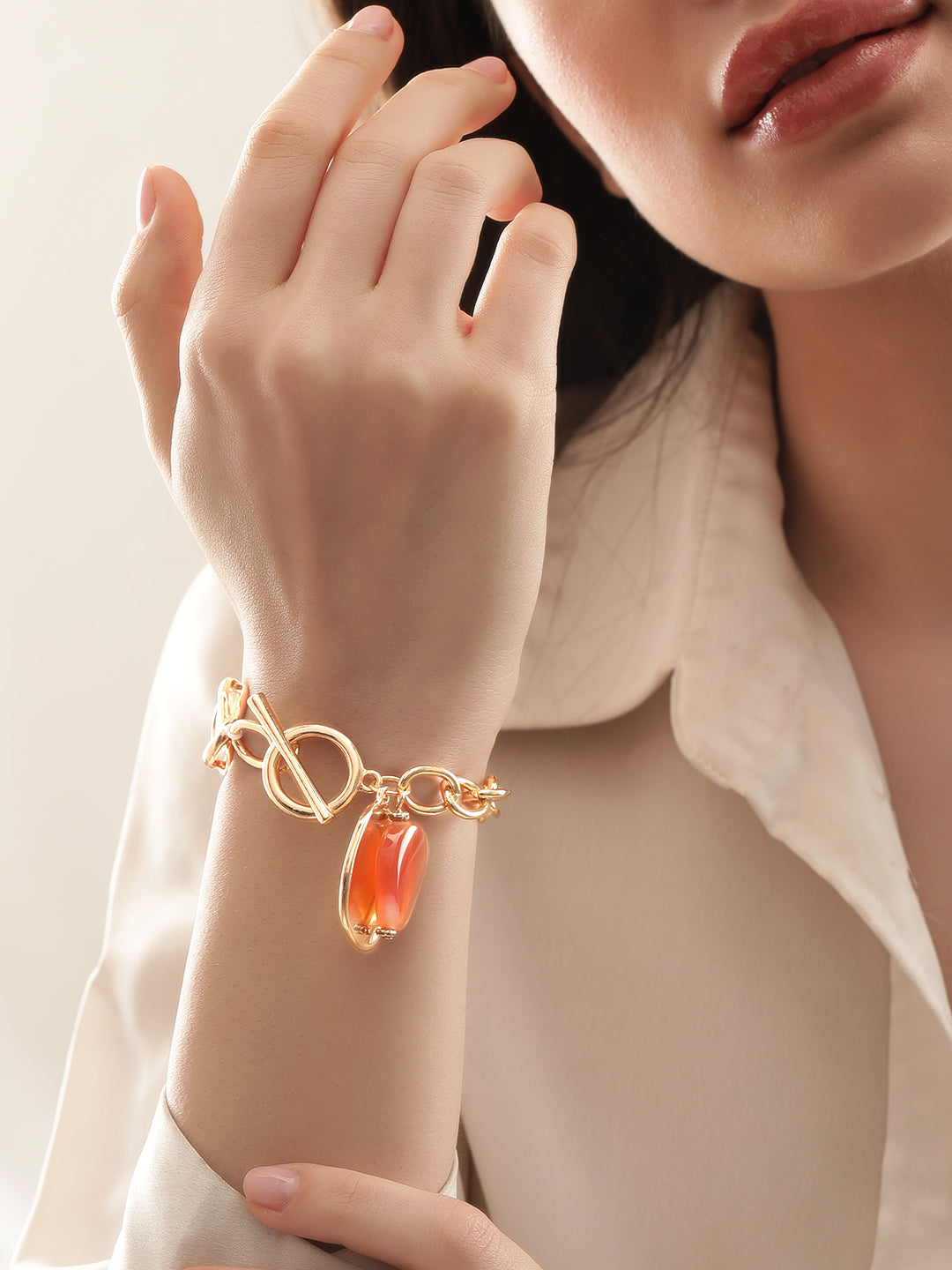 Rubans 18K Gold Plated Stainless Steel Tarnish-Free Waterproof Link Bracelet with Charms Gold