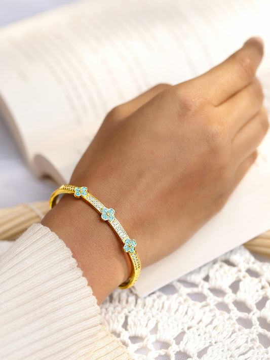 White And Blue Studded Floral Golden Bracelet Gold