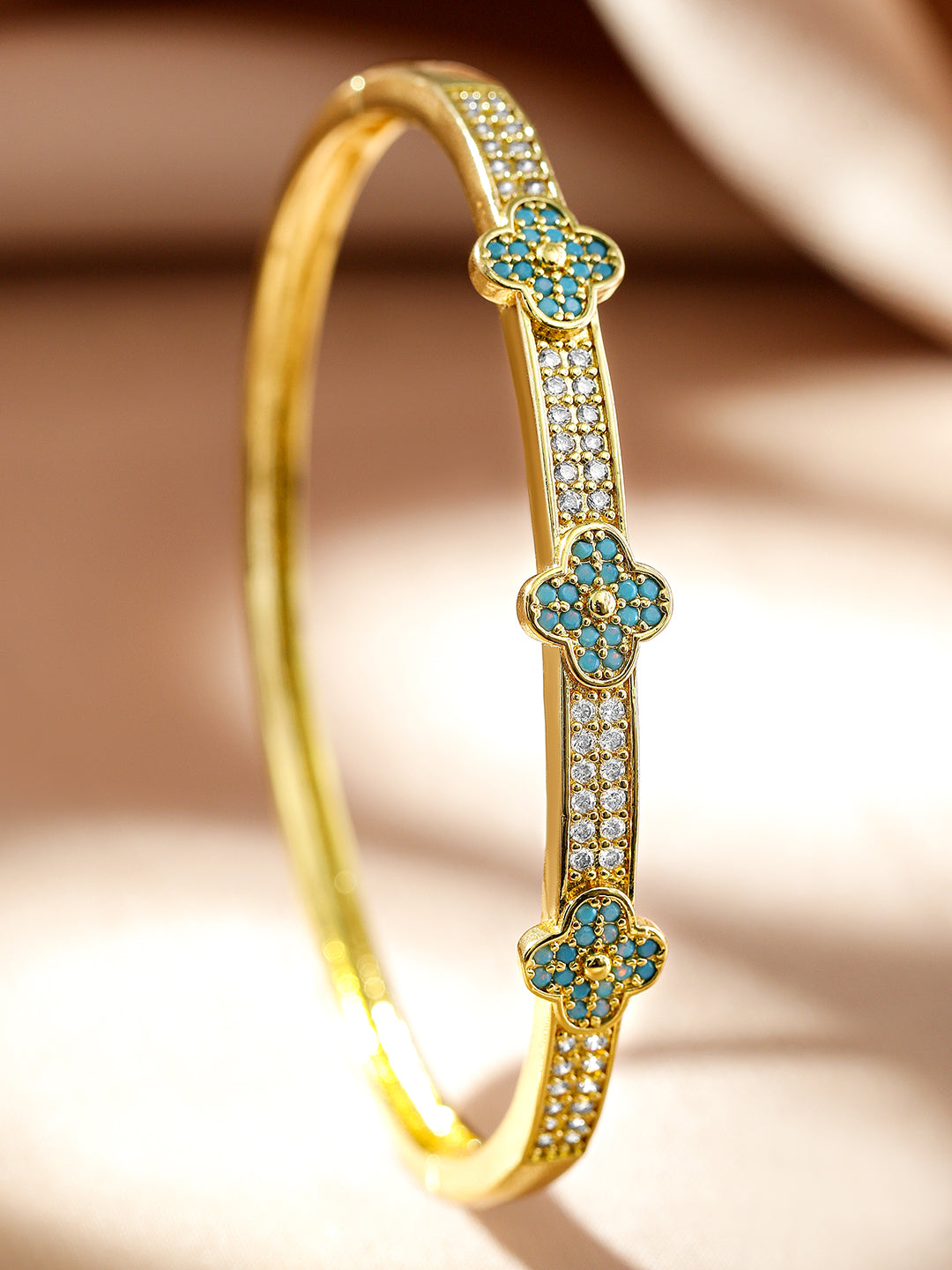 White And Blue Studded Floral Golden Bracelet Gold