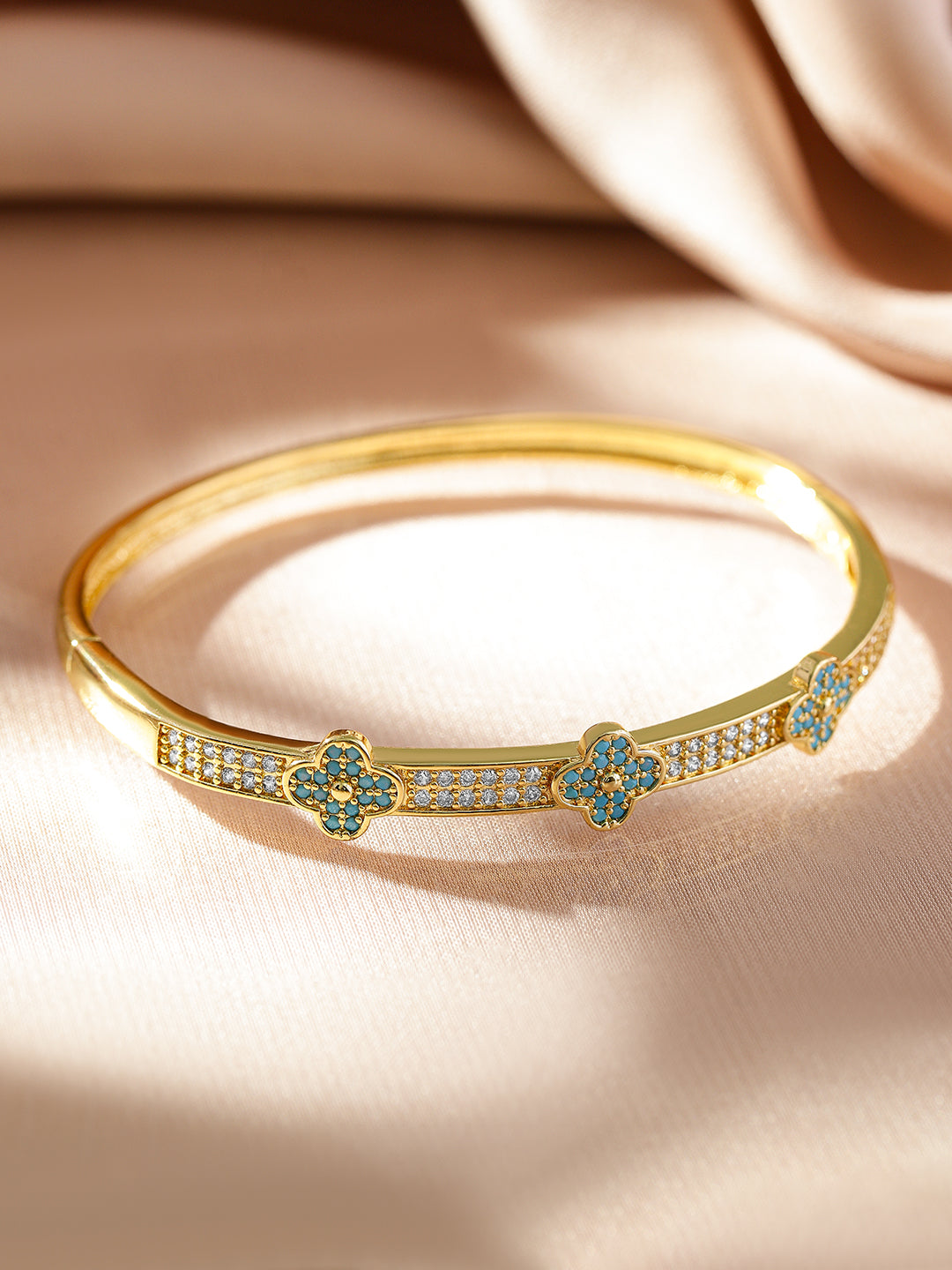 White And Blue Studded Floral Golden Bracelet Gold