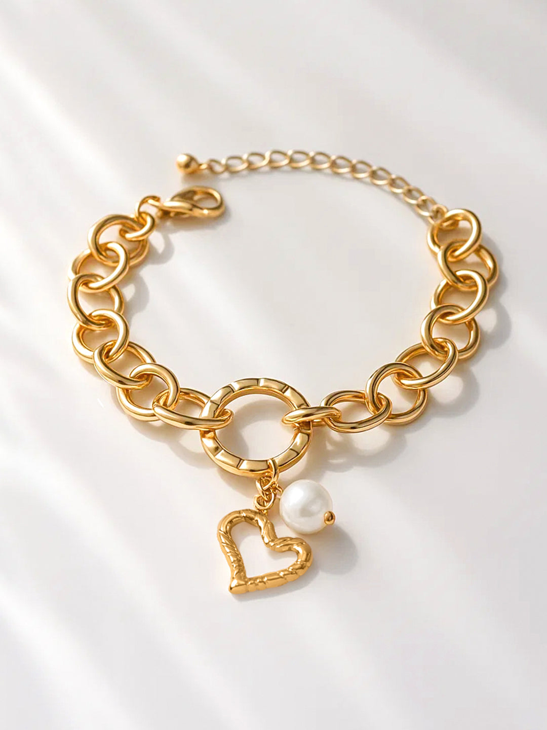 Rubans Voguish 18K Gold-Plated Stainless Steel Tarnish-Free Waterproof Heart Pearl Bracelet フリーサイズ