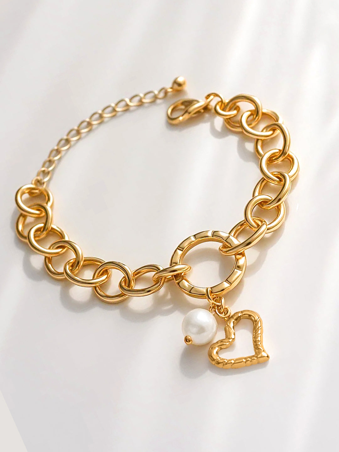 Rubans Voguish 18K Gold-Plated Stainless Steel Tarnish-Free Waterproof Heart Pearl Bracelet フリーサイズ