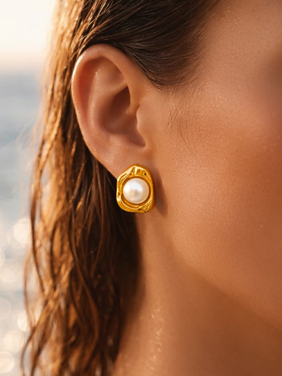 Demi Fine 18K Gold Plated Stainless steel Pearl Centered Stud Earrings Length - 1.2 cm