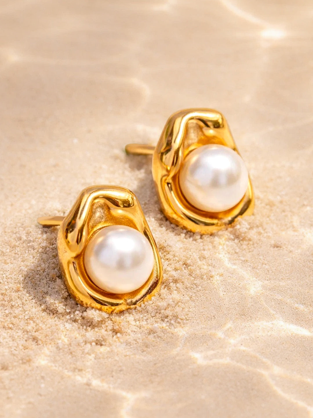 Demi Fine 18K Gold Plated Stainless steel Pearl Centered Stud Earrings Length - 1.2 cm