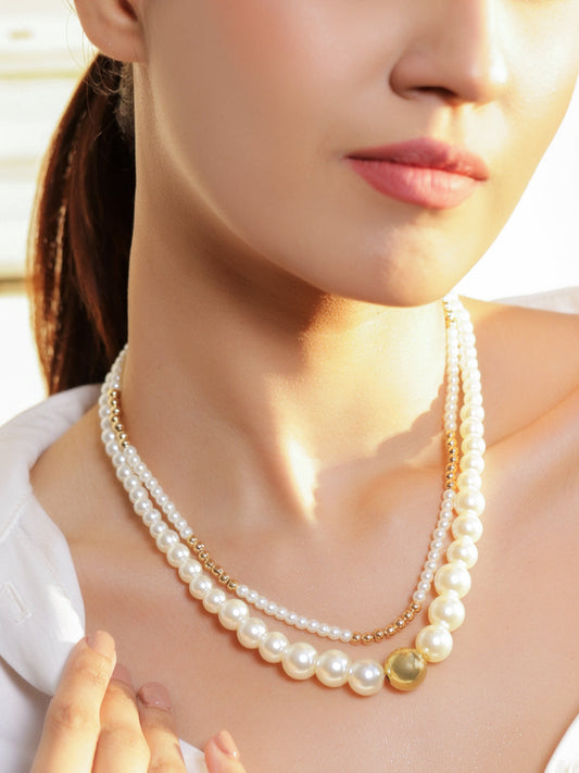 【Rubans】 Gold & Pearl Beaded Dual Layered Necklace｜18K ゴールドメッキ 2連 ホワイトパール ゴールドビーズ ネックレス