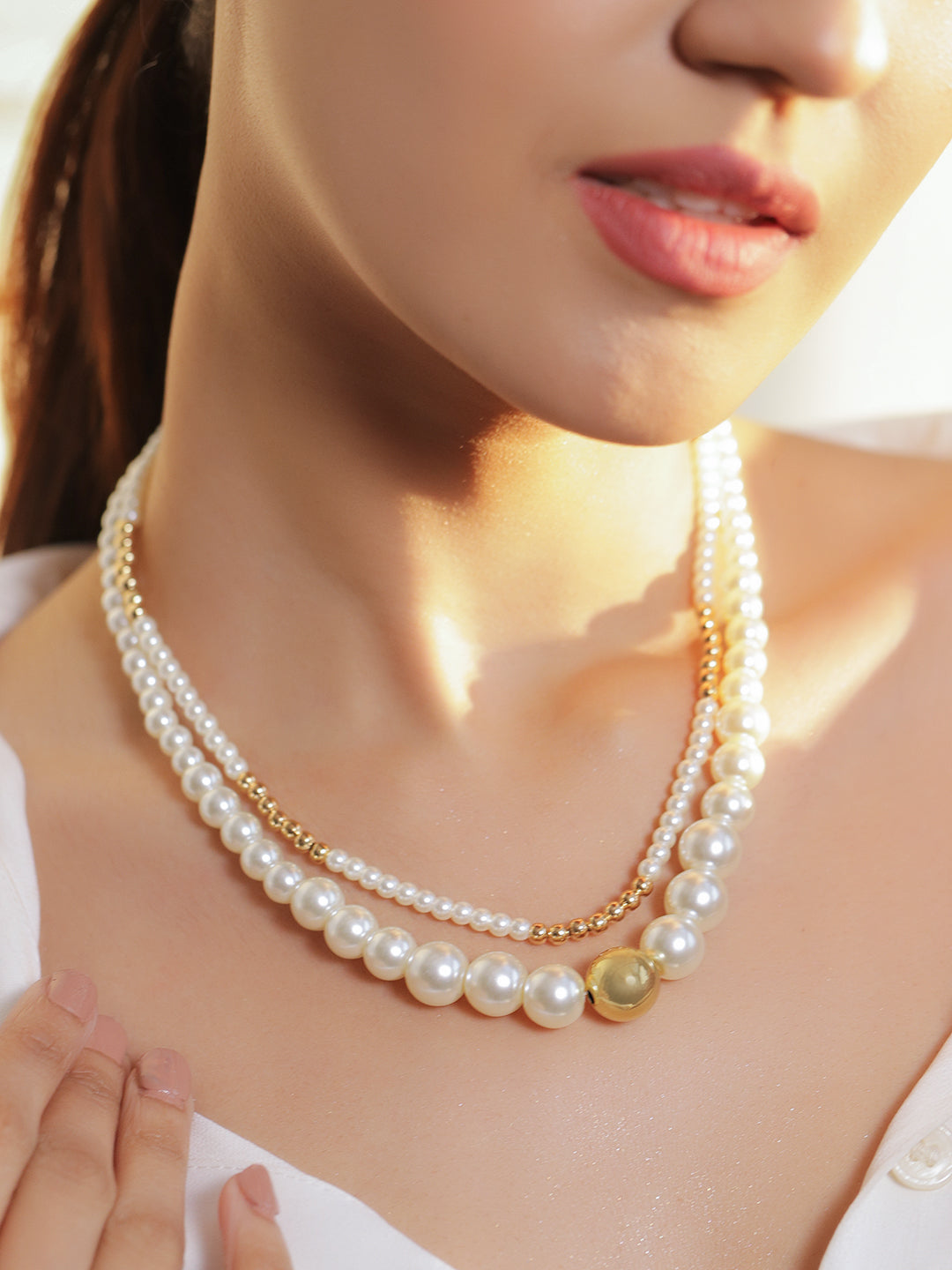 【Rubans】 Gold & Pearl Beaded Dual Layered Necklace｜18K ゴールドメッキ 2連 ホワイトパール ゴールドビーズ ネックレス
